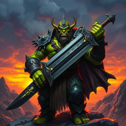 A powerful orc king standing on a rugged landscape, gripping his massive sword with both hands