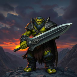 A powerful orc king standing on a rugged landscape, gripping his massive sword with both hands