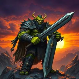 A powerful orc king standing on a rugged landscape, gripping his massive sword with both hands