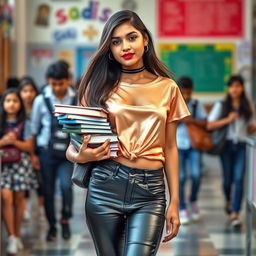 A stylish portrait of a fashionable Indian school girl, showcasing her unique look as she wears tight, shiny leather jeans and a chic satin t-shirt that reveals her open navel