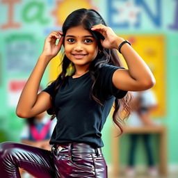 A full HD photograph of a young Indian school girl, confidently posing in stylish attire