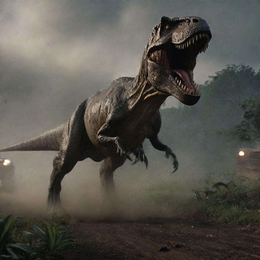 Elevate the peril within the image as the unleashed Tyrannosaurus Rex ferociously chases after a speeding car amidst the chaotic and darkened landscape of the Jurassic Park.