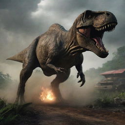 Elevate the peril within the image as the unleashed Tyrannosaurus Rex ferociously chases after a speeding car amidst the chaotic and darkened landscape of the Jurassic Park.