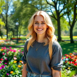 A beautiful 35-year-old blonde woman with a non-model appearance, captured in a candid, amateur-style photograph while enjoying a day in a vibrant park