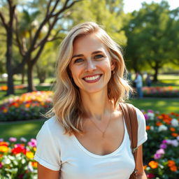 A beautiful 35-year-old blonde woman with a non-model appearance, captured in a candid, amateur-style photograph while enjoying a day in a vibrant park