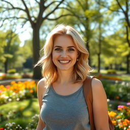 A beautiful 35-year-old blonde woman with a non-model appearance, captured in a candid, amateur-style photograph while enjoying a day in a vibrant park