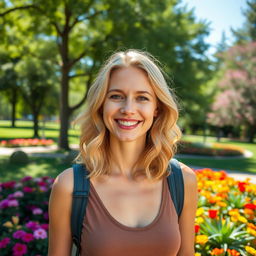 A beautiful 35-year-old blonde woman with a non-model appearance, captured in a candid, amateur-style photograph while enjoying a day in a vibrant park