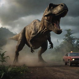 Elevate the peril within the image as the unleashed Tyrannosaurus Rex ferociously chases after a speeding car amidst the chaotic and darkened landscape of the Jurassic Park.