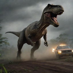 Elevate the peril within the image as the unleashed Tyrannosaurus Rex ferociously chases after a speeding car amidst the chaotic and darkened landscape of the Jurassic Park.