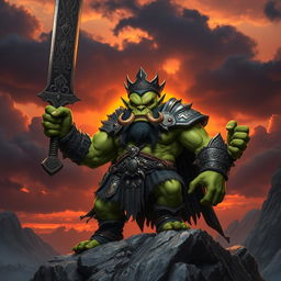 A majestic orc king standing on a rocky outcrop, commanding attention with his enormous, intricately carved sword raised triumphantly