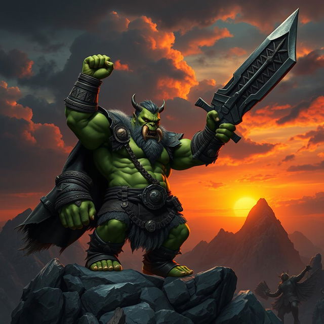 A majestic orc king standing on a rocky outcrop, commanding attention with his enormous, intricately carved sword raised triumphantly