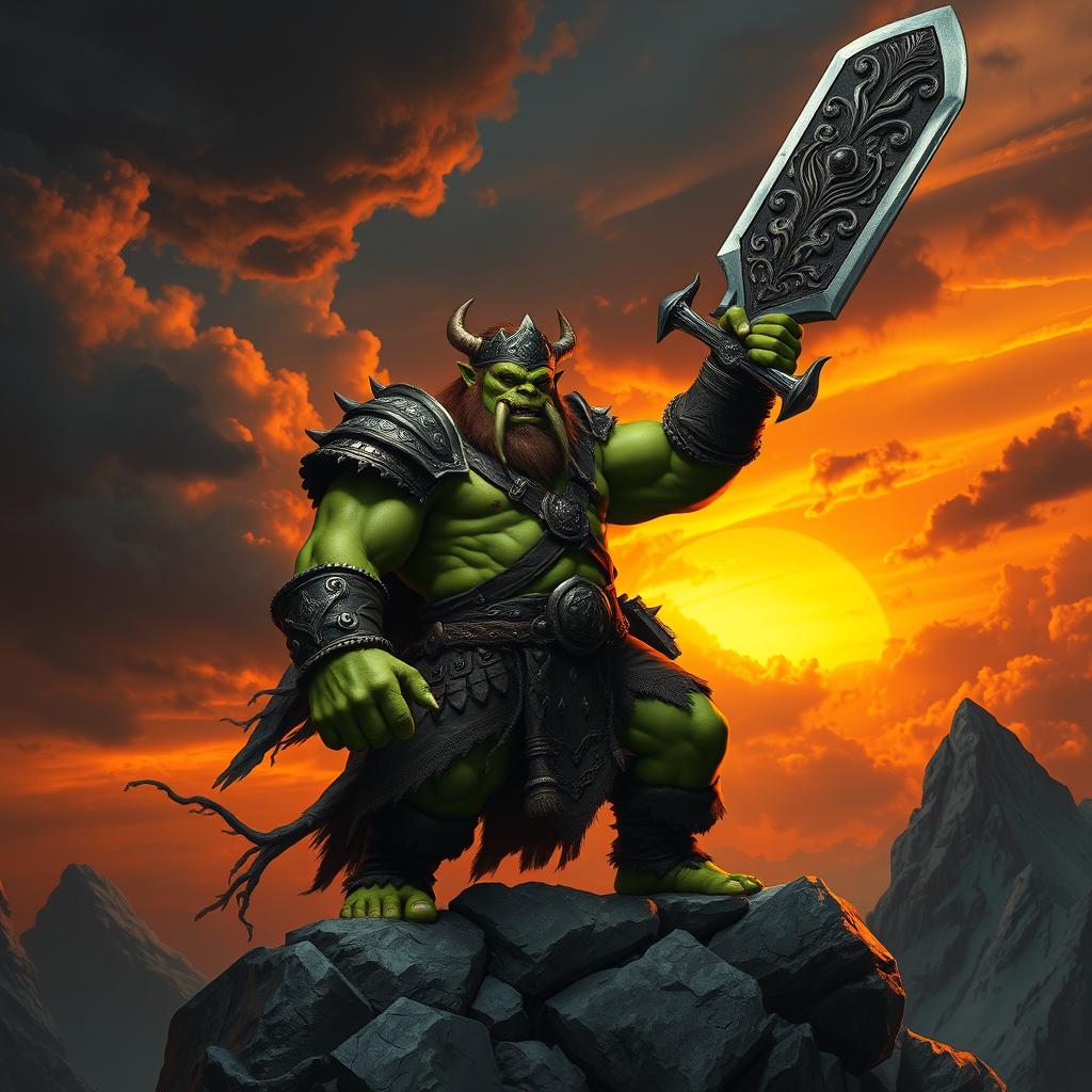 A majestic orc king standing on a rocky outcrop, commanding attention with his enormous, intricately carved sword raised triumphantly