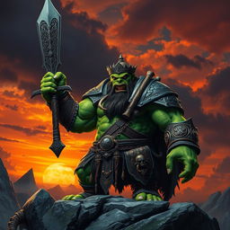 A majestic orc king standing on a rocky outcrop, commanding attention with his enormous, intricately carved sword raised triumphantly