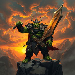 A fierce orc king standing valiantly on a cliff edge, gripping a colossal sword firmly in his hand