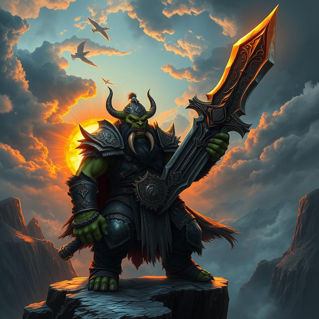 A fierce orc king standing valiantly on a cliff edge, gripping a colossal sword firmly in his hand