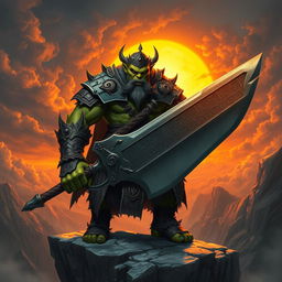 A fierce orc king standing valiantly on a cliff edge, gripping a colossal sword firmly in his hand