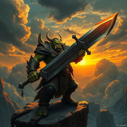 A fierce orc king standing valiantly on a cliff edge, gripping a colossal sword firmly in his hand