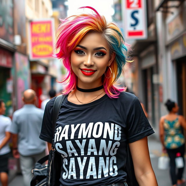 A beautiful transvestite with striking features and stylish makeup, wearing a trendy t-shirt that prominently displays the phrase "Raymond Sayang"