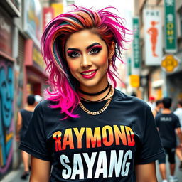 A beautiful transvestite with striking features and stylish makeup, wearing a trendy t-shirt that prominently displays the phrase "Raymond Sayang"