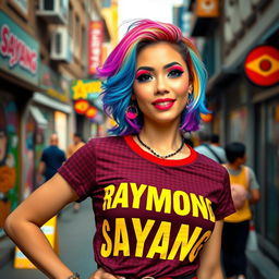 A beautiful transvestite with striking features and stylish makeup, wearing a trendy t-shirt that prominently displays the phrase "Raymond Sayang"