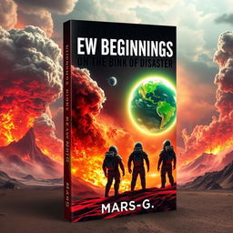 A striking book cover for a science fiction novel titled 'New Beginnings on the Brink of Disaster' by author Mars-G