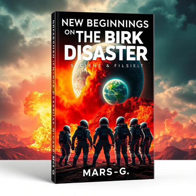 A striking book cover for a science fiction novel titled 'New Beginnings on the Brink of Disaster' by author Mars-G