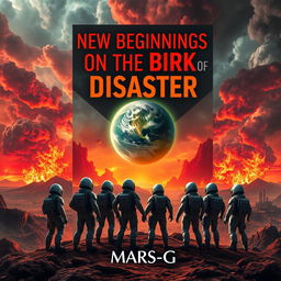 A striking book cover for a science fiction novel titled 'New Beginnings on the Brink of Disaster' by author Mars-G