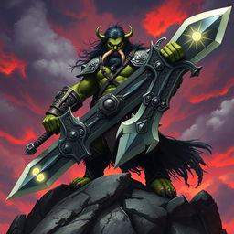 A fearsome orc king standing proudly atop a rocky hill, wielding a gigantic sword that gleams with power