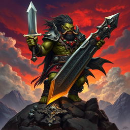 A fearsome orc king standing proudly atop a rocky hill, wielding a gigantic sword that gleams with power