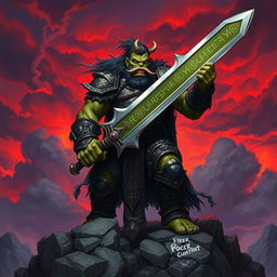 A fearsome orc king standing proudly atop a rocky hill, wielding a gigantic sword that gleams with power