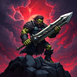 A fearsome orc king standing proudly atop a rocky hill, wielding a gigantic sword that gleams with power