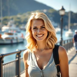 A beautiful 35-year-old blonde woman with a non-model appearance, captured in a candid, amateur-style photograph on a waterfront promenade