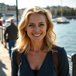 A beautiful 35-year-old blonde woman with a non-model appearance, captured in a candid, amateur-style photograph on a waterfront promenade