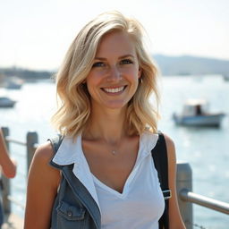 A beautiful 35-year-old blonde woman with a non-model appearance, captured in a candid, amateur-style photograph on a waterfront promenade