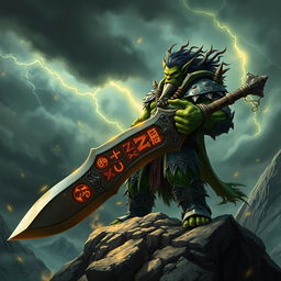 A powerful orc king standing atop a rugged mountain peak, proudly holding a massive sword that gleams with ancient magic