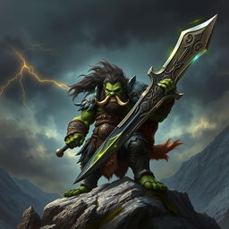 A powerful orc king standing atop a rugged mountain peak, proudly holding a massive sword that gleams with ancient magic