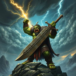 A formidable orc king standing triumphantly on a rocky outcrop, confidently holding a massive sword that radiates ancient power