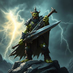 A formidable orc king standing triumphantly on a rocky outcrop, confidently holding a massive sword that radiates ancient power