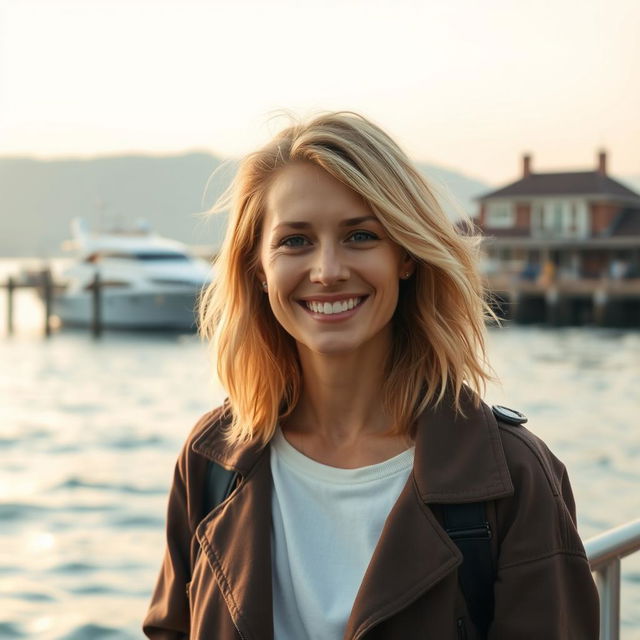 A beautiful 35-year-old blonde woman with a non-model appearance, captured in a candid, amateur-style photograph on a picturesque waterfront