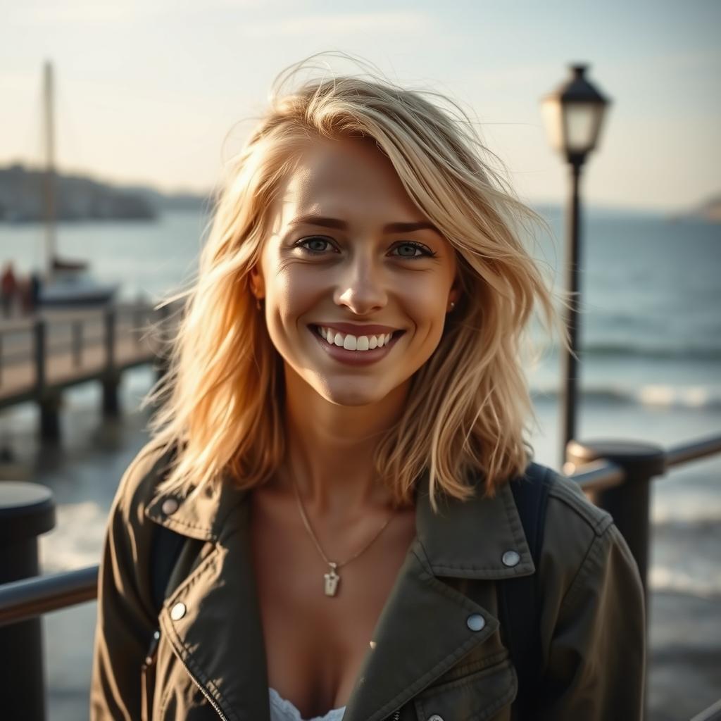 A beautiful 35-year-old blonde woman with a non-model appearance, captured in a candid, amateur-style photograph on a picturesque waterfront