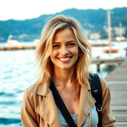 A beautiful 35-year-old blonde woman with a non-model appearance, captured in a candid, amateur-style photograph on a picturesque waterfront