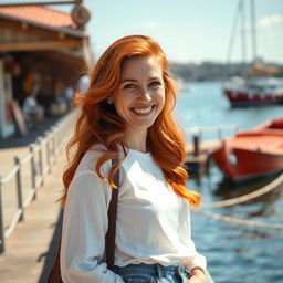 A beautiful 35-year-old red-haired woman with a non-model appearance, captured in a candid, amateur-style photograph on a charming waterfront