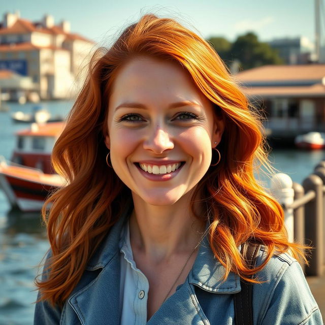 A beautiful 35-year-old red-haired woman with a non-model appearance, captured in a candid, amateur-style photograph on a charming waterfront