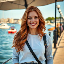 A beautiful 35-year-old red-haired woman with a non-model appearance, captured in a candid, amateur-style photograph on a charming waterfront