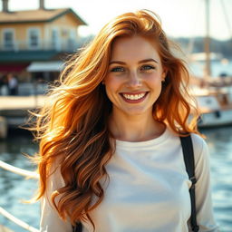 A beautiful 35-year-old red-haired woman with a non-model appearance, captured in a candid, amateur-style photograph on a charming waterfront