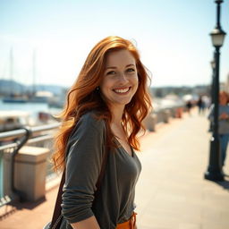 A beautiful 35-year-old red-haired woman with a non-model appearance, captured in a candid, amateur-style photograph on a charming waterfront promenade