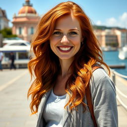 A beautiful 35-year-old red-haired woman with a non-model appearance, captured in a candid, amateur-style photograph on a charming waterfront promenade