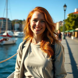 A beautiful 35-year-old red-haired woman with a non-model appearance, captured in a candid, amateur-style photograph on a charming waterfront promenade