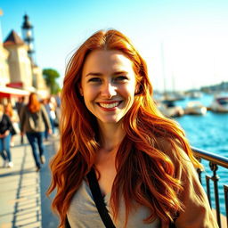 A beautiful 35-year-old red-haired woman with a non-model appearance, captured in a candid, amateur-style photograph on a charming waterfront promenade