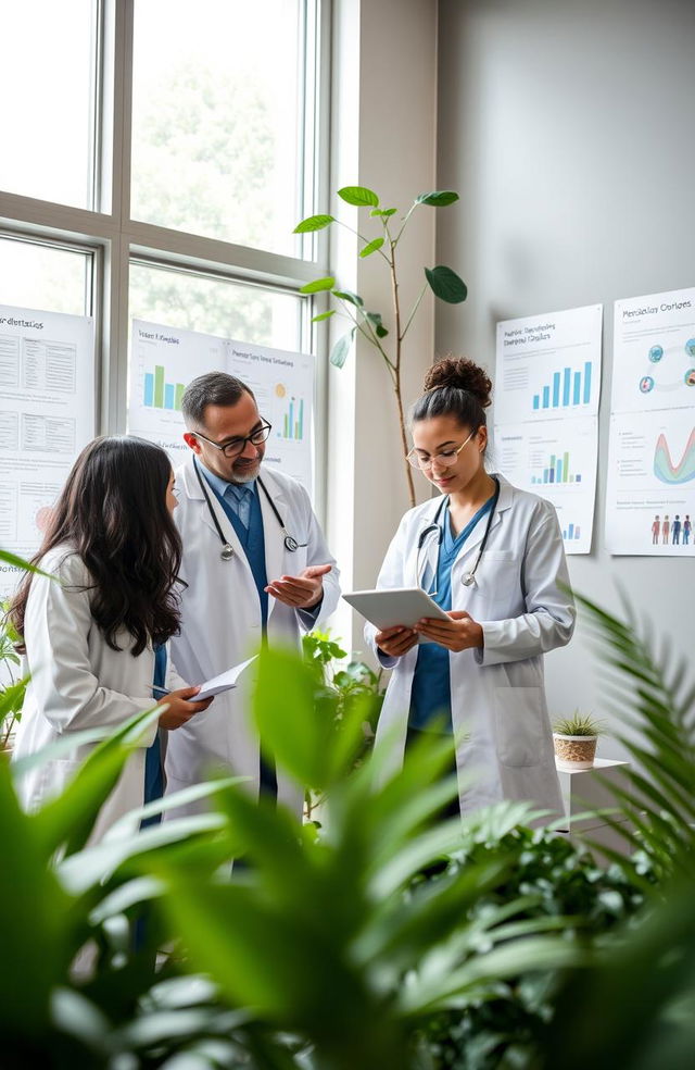 A diverse group of healthcare professionals discussing methods to reduce epidemic populations in a modern clinic setting